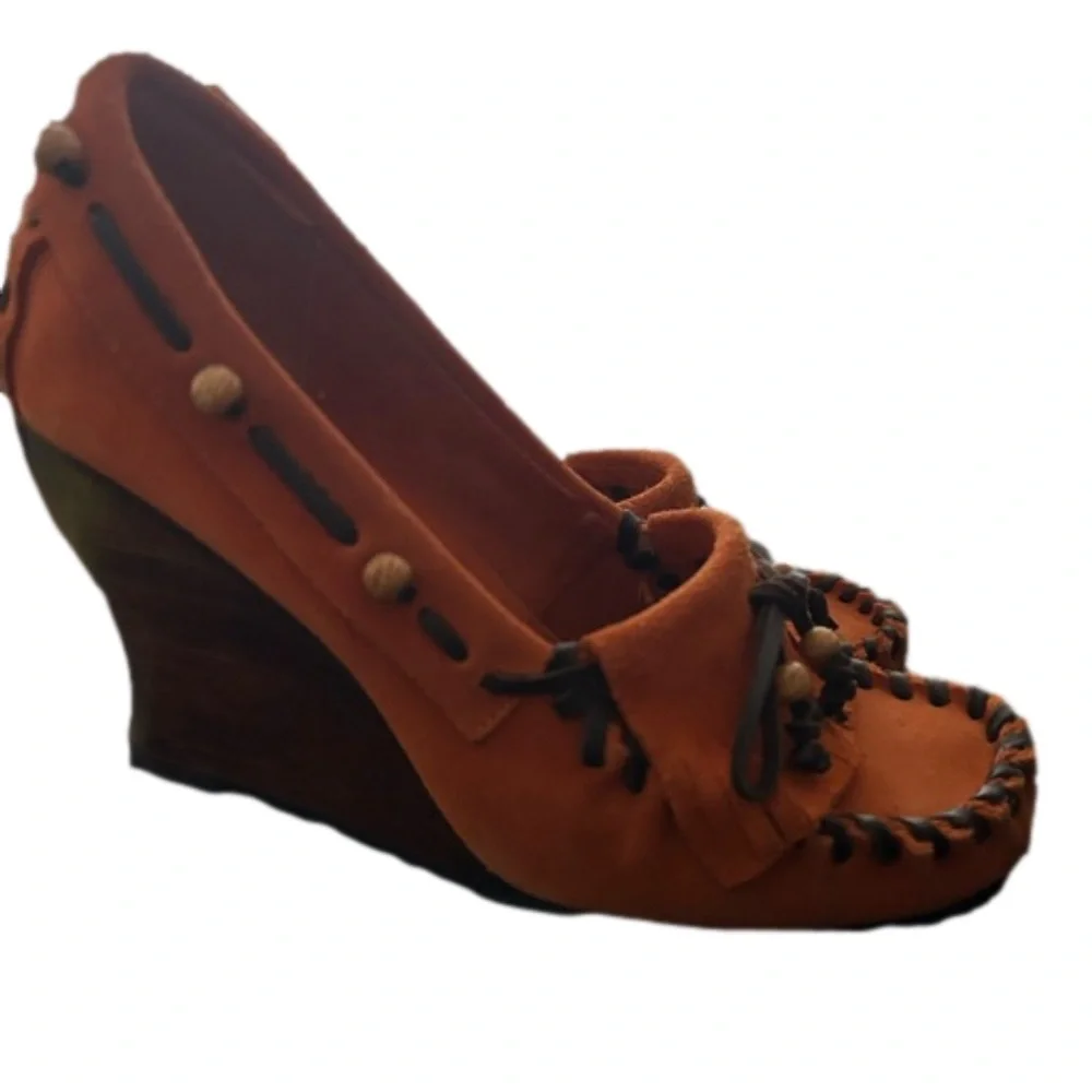 SAM EDELMAN ANGELINA WEDGE HEELS MOCCASIN SHOES TASSEL BEADED BOW